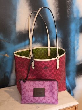 RARE Coach Pink/Green Signature Reversable Tote! and Pink Pouch